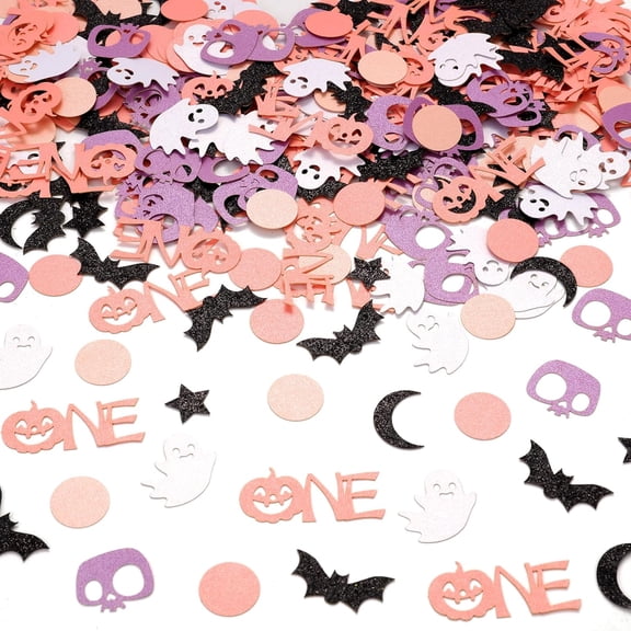 200 PCS Halloween 1st Birthday Confetti Pink and Purple Pastel Halloween 1st Birthday Party Decorations for Girl Bat Ghost Pumpkin Confetti for Halloween Spooky One Birthday Party Supplies