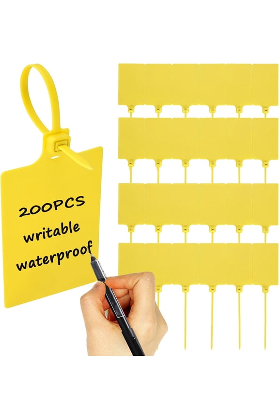 200 PCS Plastic Tags for Labeling, Waterproof Tags, Plastic Shipping Labels Tag, Writable Marker Ties, Blank Hanging Tag for Logistics, Luggage, 255mm Total Length (Yellow)