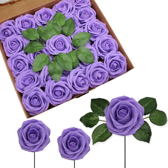 200 PCS Purple Artificial Flowers Real Looking Faux Foam Fake Roses with Stems for Wedding Decoration Bridal Shower Centerpieces Arrangements Party Tables Decor