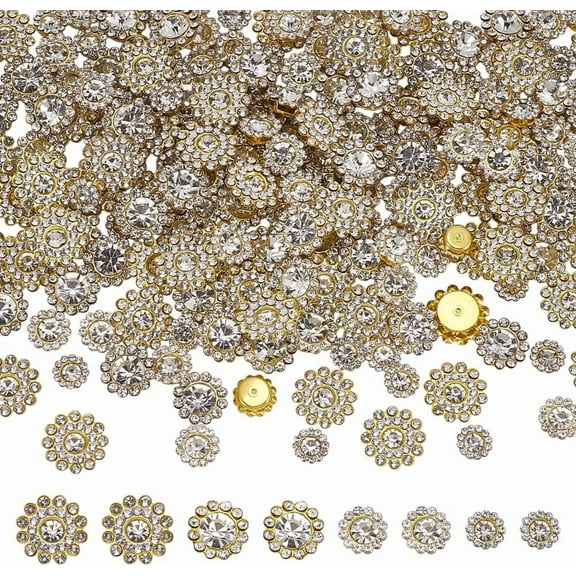 200 PCS Sunflower Rhinestone Buttons 4 Sizes Sew on Rhinestone Buttons Golden Alloy Glass Sunflower Buttons with Claw Flower Shape Jewelry Buttons for DIY Making