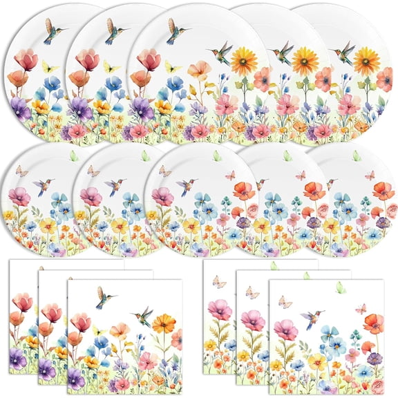 200 PCS Wildflower Paper Plates and Napkins Set Floral Party Supplies for 50 Guests - Disposable Spring Theme Tableware Birthday Baby Shower Wedding Picnic Garden