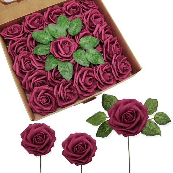 200 PCS Wine Red Artificial Flowers Real Looking Faux Foam Fake Roses with Stems for Wedding Decoration Bridal Shower Centerpieces Arrangements Party Tables Decor