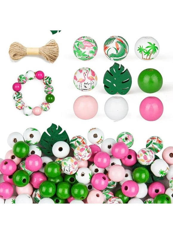 200 PCS Wooden Beads, Summer Wood Beads, Natural Colored Wood Beads of Flamingo, Pink Wood Round Beads, Turtleback Leaf, for Craft Decoration Bracelets Pendants