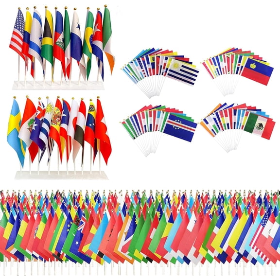 200 PCS World Country Flags on Sticks, Mini Handheld National Flag Set for Classroom, Party Decorations, Parades Includes Most Countries, 5.5x8.2 Inch