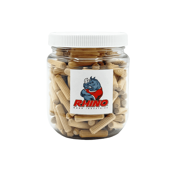 Rhino Wood Industries - 1/4" x 1" - 200 Pack Wooden Dowel Pins in Plastic Jar - Kiln Dried, Fluted, and Beveled