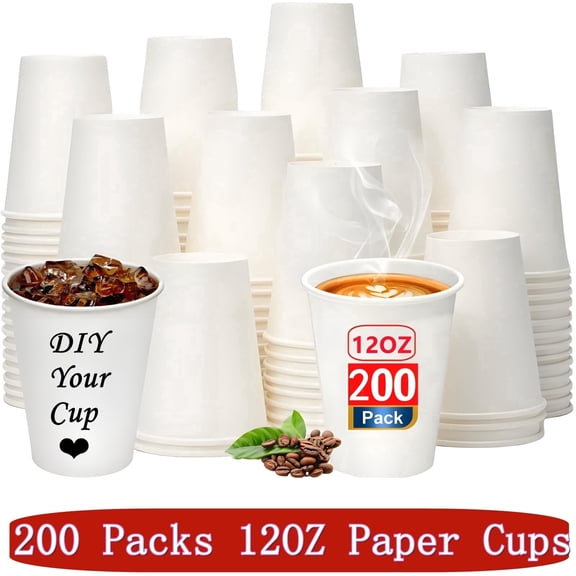 200 Count Disposable Paper Cups, 12 oz Coffee Cups, White To Go Hot Cups for Home & Cafes