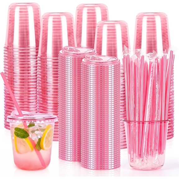 200 Pack 12 oz Plastic Cups with  and Straws  Iced Coffee Cups with  and Straws Disposable Drinking Cup for Cold Drinks, Iced , Smoothies, Milkshakes, Sturdy and