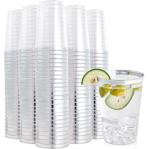 200 Pack 12 oz Silver Rimmed Clear Plastic Cups, Heavy-Duty Disposable Tumblers for Elegant Wedding, Party, and Event Use