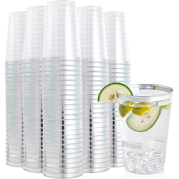 200 Pack 12 oz Silver Rimmed Plastic Cups, Clear Plastic Cup 12 Ounce Tumblers, Heavy-duty & Fancy Disposable Cups with Silver Rim for Wedding Cups Elegant Party