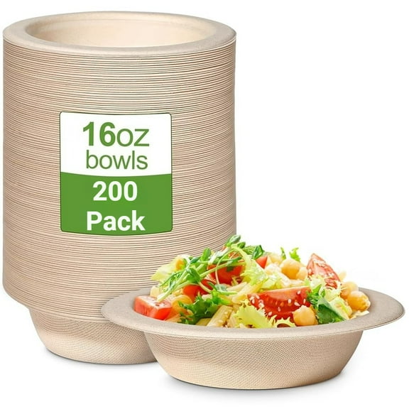 200 Pack 16oz Disposable Paper Bowls,Compostable Bagasse Bowls,Small Biodegradable Heavy-Duty Bowls