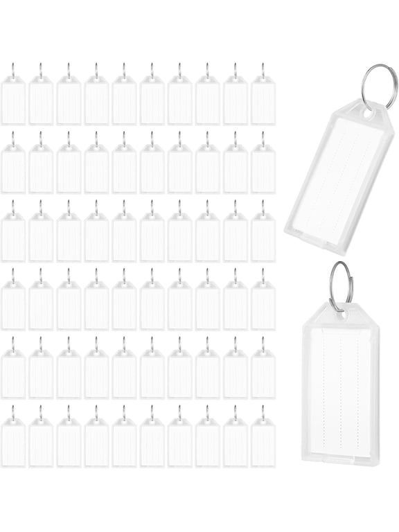 200 Pack 2 Inch Tough Plastic Key Tags with Blank Labels, White Item Identifiers with Clear Label Window and Split Ring for Luggage
