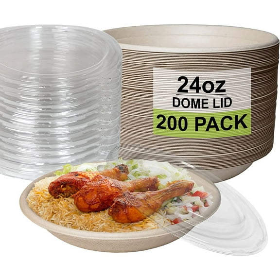 [200 Pack] 24 oz Round Disposable Compostable Paper Bowls with Dome Lids Heavy-Duty, Eco-Friendly Natural Bagasse Unbleached, Heat Resistant, 100% Salad Bowls Alternative to Plastic