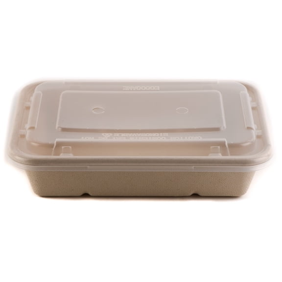 [200 Pack] 34oz Compostable Eco Friendly Container Trays with Lids - Rectangular Oblong Tree Free Sugarcane Bagasse Meal Prep Bento Boxes Take Out Catering Microwavable Deep Container