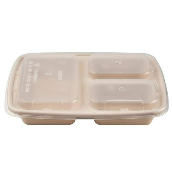 [200 Pack] 36 oz 3 Compartment Compostable Food Storage Container with Lids - Biodegradable, Sugarcane, Plant Fiber, Heavy Duty, Microwavable, Tree Free, Ecofriendly, Lunch Trays, Meal Prep, Bento