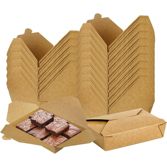 200 Pack 48 Oz Take Out Food Containers - Grease Resistant Disposable Kraft Brown Paper To Go Box #2 for Restaurant, Catering and Party, 8.27" x 5.83" x 1.89"
