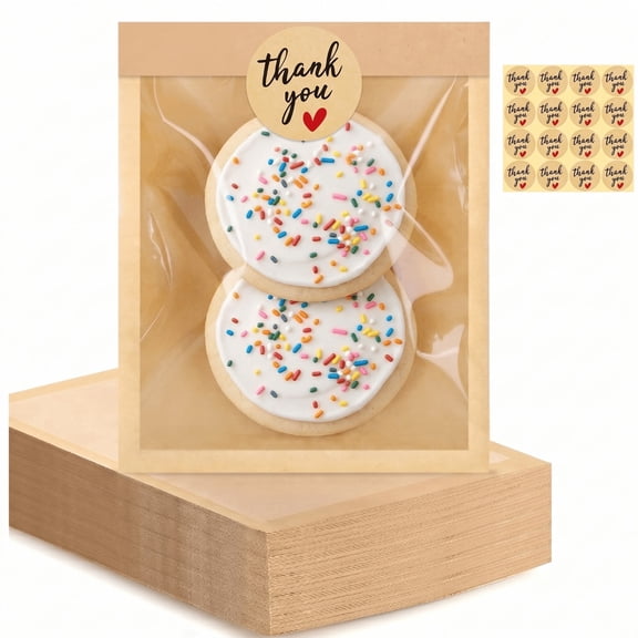 200 Pack 5.12 7.48 Inch Windowed Self-Sealing Paper Bakery Bags, Heat Sealable & Grease Resistant, with 13 Stickers, Perfect for Cookies, Donuts, Scones and Snacks