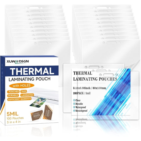 200 Pack 5mil 3x4" Thermal Laminating Pouches Badge Laminate Pouches Clear Laminated Luggage Tags Printable Laminator Pouches for Bness Permits Cards (200, 2.94"x4.13"-5mil-with Holes)