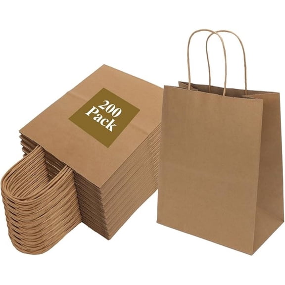 200 Pack 8x4.75x10 Inch Medium Brown Paper Bags with Handles Bulk, Kraft Paper Gift Bags for Birthday Party Favors Grocery Retail Shopping Business Goody Craft Blank Sacks (Plain Natural 200pcs)