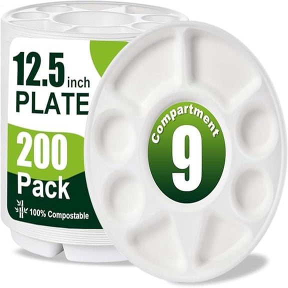 200 Pack 9 Compartment Round Biodegradables Divided Plates,12.5" Diameter 1.18" Height,Disposables & Eco-Friendly Heavy-Duty Sturdy Paper Bagasse Plates,water Proof For Party,Thali,Buffet