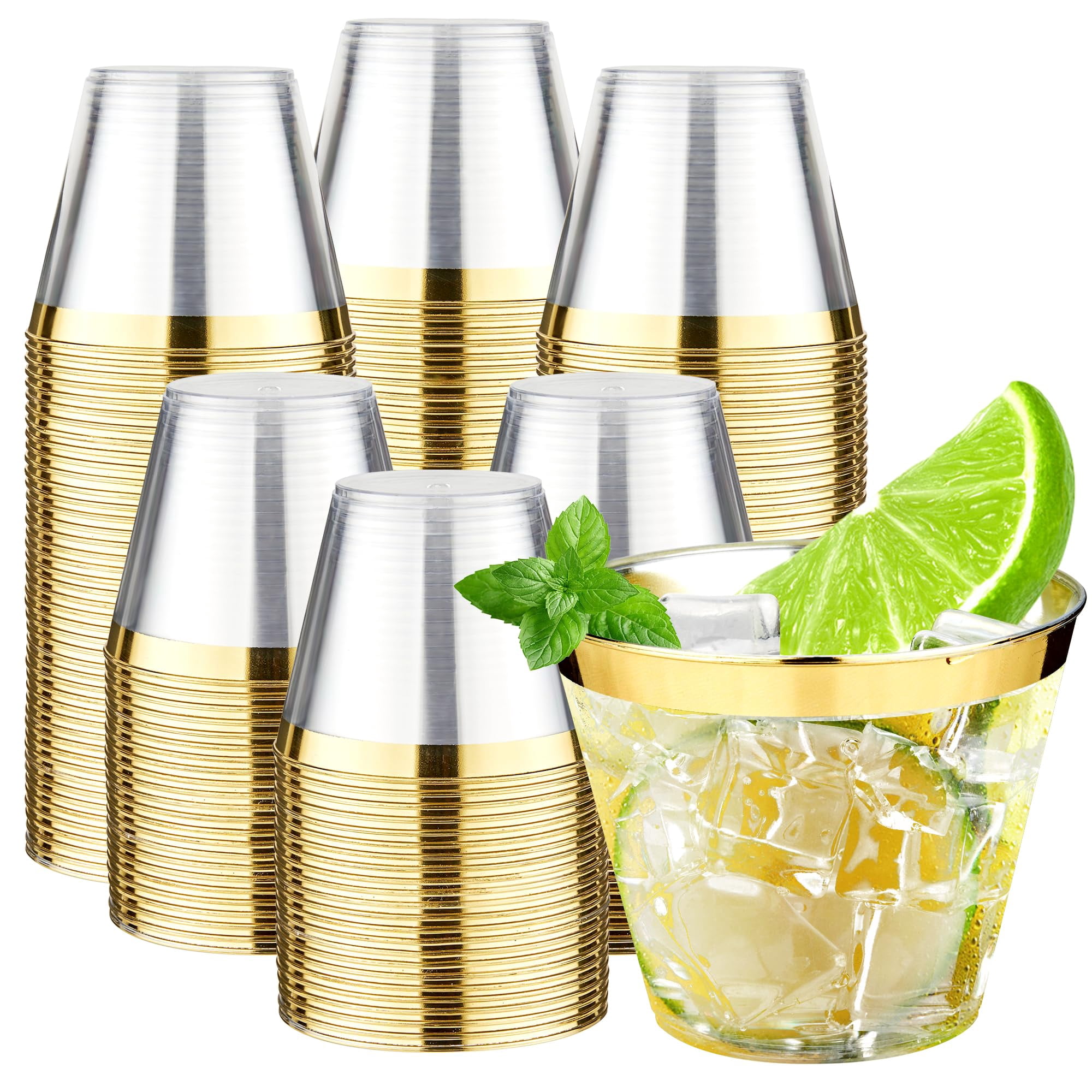 200 Pack 9 oz Clear Plastic Cups with Gold Rim, Disposable Gold Trim ...