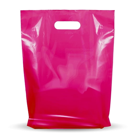 200 Pack 9" x 12" with 1.25 mil Thickness Pink Merchandise Plastic Glossy Retail Bags - Die Cut Handles - Perfect for Shopping, Party Favors - Color Pink - 100% Recyclable