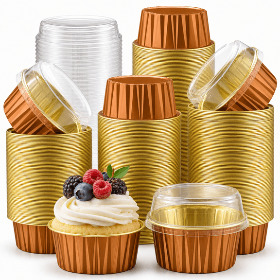 200 Pack Aluminum Cupcake Liners With Lids Bronze Plain | 5 Oz Round Baking Cup Disposable Ramekin Container Wedding Thanksgivingmas Fall Party Supplies