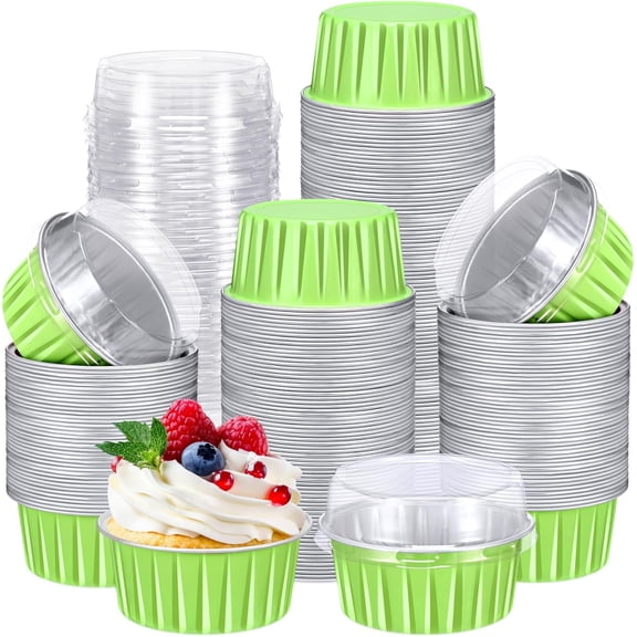 200 Pack Aluminum Foil Cupcake Liners with Lids, 5 oz Round Baking Cup, Disposable Ramekin Container for Graduation Wedding Independence Day Party(Green,Plain)
