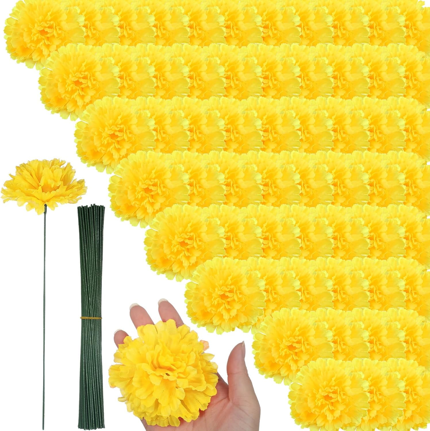 200 Pack Artificial Marigold Flower with Stems Bulk 3.5 Inch Silk