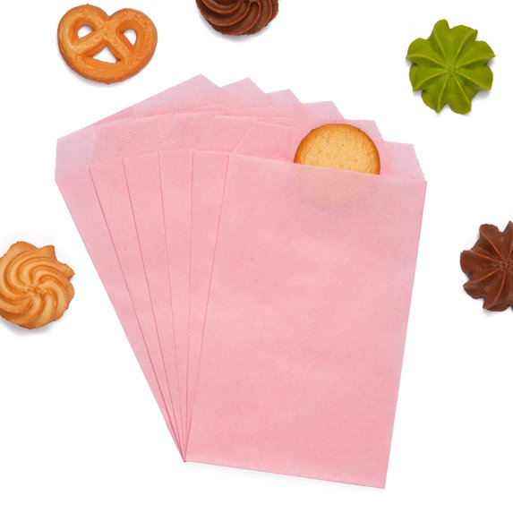 200 Pack Baby Pink Flat Greaseproof Paper Cookie Bags for Bakery Treats Candies Dessert Chocolate Party Favor 4 x 6 Inch