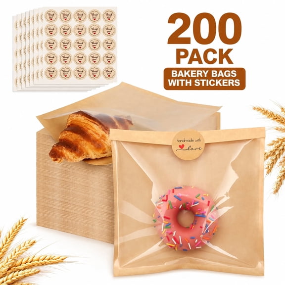 200 Pack Bakery Bags with Window, 7.5 x 7.1 inches Paper Sandwich Bags, Donut Bags to Go for Cookies Snacks and Treats