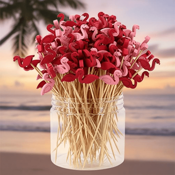 200-Pack Bamboo Cocktail Picks with Flamingo Design, 4.7-Inch Appetizer and Fruit Skewers for Cheese, Drinks, and Party Supplies