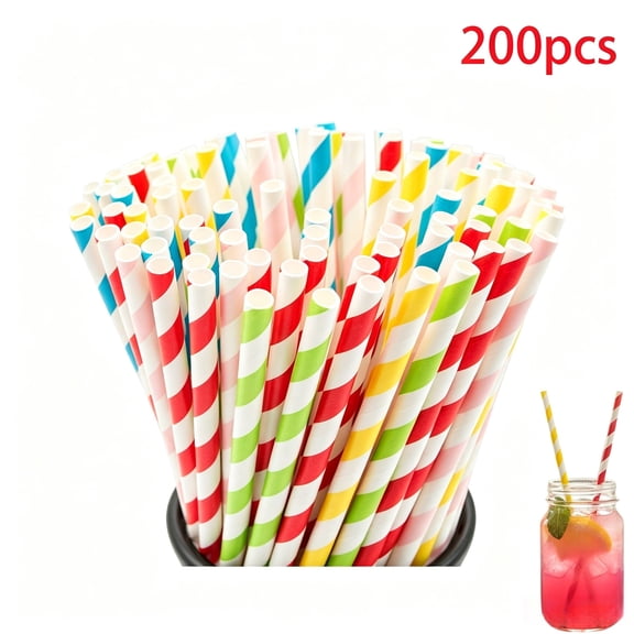 200 Pack Biodegradable Paper Straws, 5 Colors Striped Drinking Straws, 7.76" Disposable Paper Straws for Party, Birthday, Wedding & Daily Use and uice, shakes, Cocktail, Coffee,Soda（ Assorted）