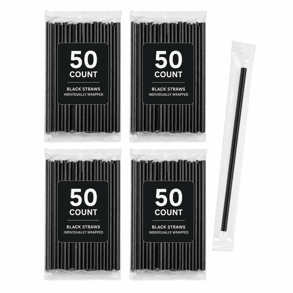 200-Pack Black Drinking Straws Bulk, Individually Wrapped – 7.5" PET Plastic Straws for Restaurants, Cafes & Events