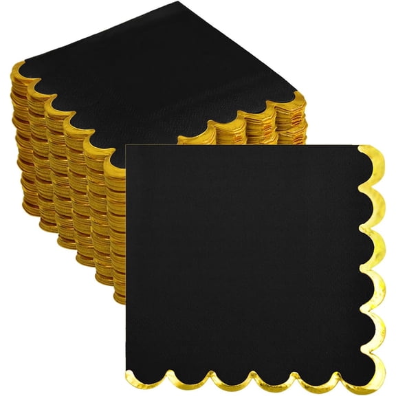 200 Pack Black Paper Napkins - Gold Foil Scalloped Cocktail Napkins for Themed Party Supplies, Birthday, Baby Shower, Wedding