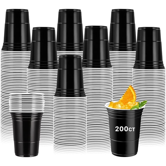 200 Pack Black Plastic Cups,16 oz Black Party Cups,Strong and Sturdy Black Cups,Black Disposable Cups for Party,Birthday,Wedding,Halloween,Camping,Picnics