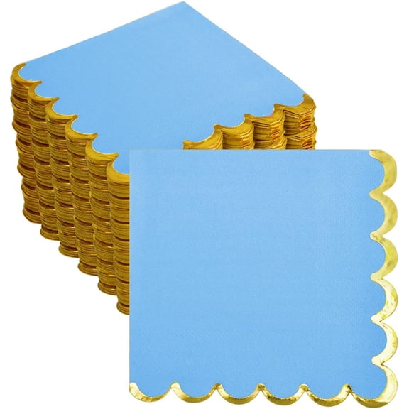 200 Pack Blue Paper Napkins Gold Foil Scalloped Cocktail Napkins Blue Disposable Beverage Napkins for Blue Themed Party Supplies Birthday Baby Shower Wedding Dinnerware Tableware Decorations