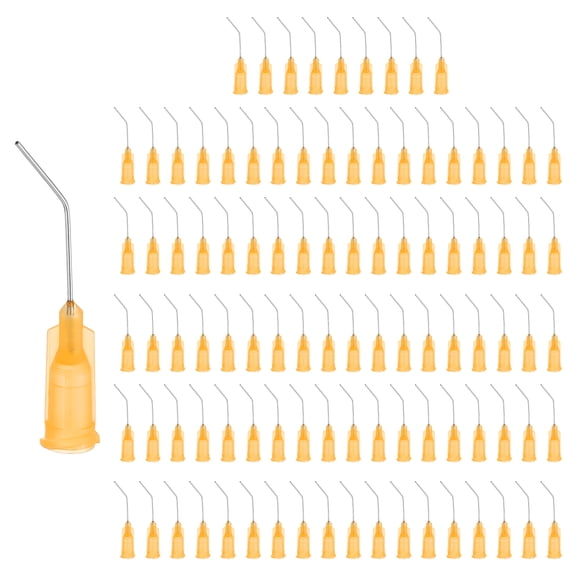 200 Pack Blunt Tip Dispensing Needles, 23Ga Gauge Stainless Steel 45 Degrees Bent Dispensing Tips with Luer Lock 1" End Angled Blunt Dispenser Needle, Orange