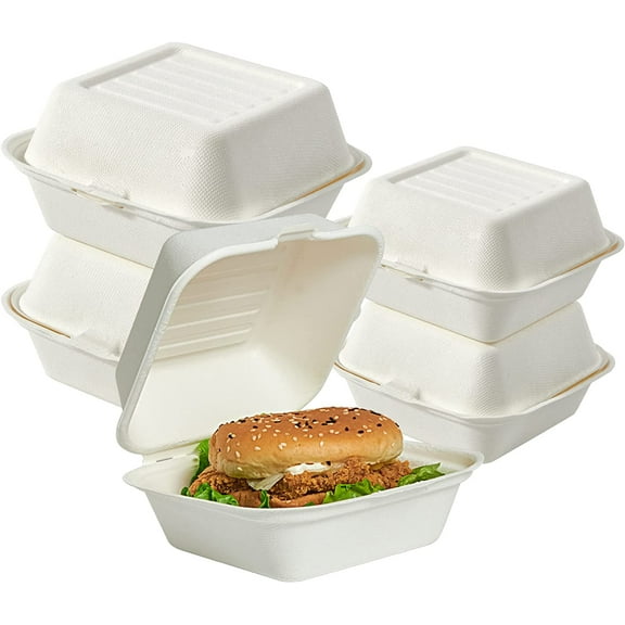 200 Pack Clamshell Take Out Food Containers, 100% Compostable Disposable To Go Containers,6 * 6 inch To Go Boxes for Salad, Cake,Sandwiches