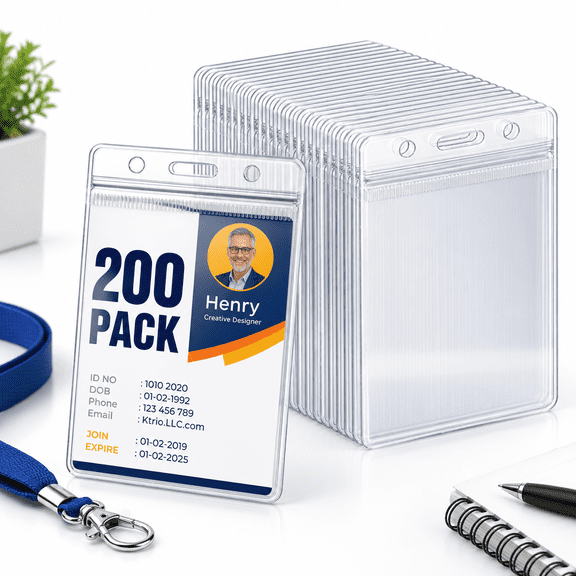 200 Pack Clear Plastic Vertical Waterproof ID Badge Holders with Resealable Zip