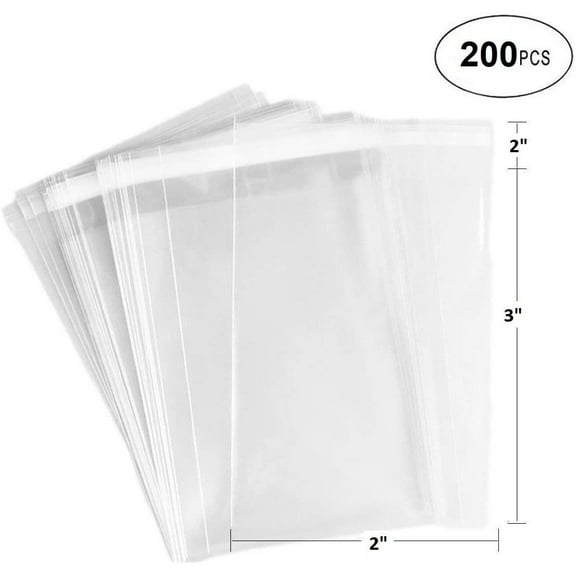 200 Pack Clear Resealable Cellophane Bags - Thick 2 MIL Glossy Self Seal Cello Bag for Gifts, Food, Soap, Candles and Bakery Goods 2" X 3" - 200 Pack
