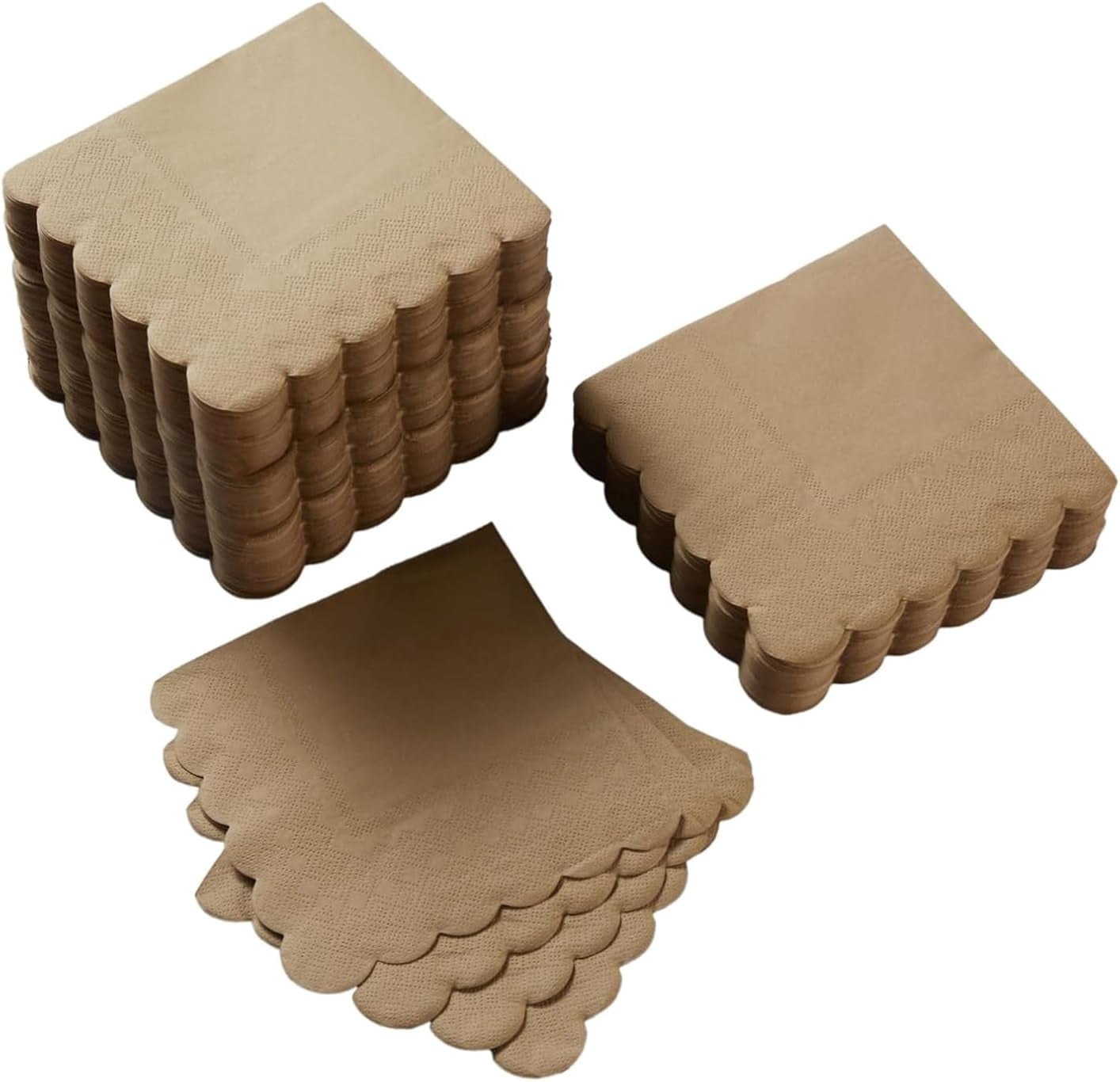 200 Pack Cocktail Napkin 2-Ply Scalloped Edged Dessert Napkins Folded 5 x 5 Inches Disposable Napkins for Dinner Wedding Birthday Party Bridal Anniversary Reception Event (Brown)