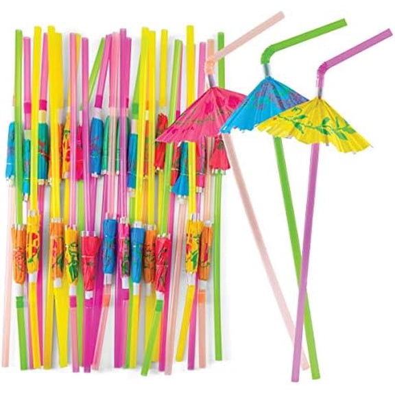 200 Pack Cocktail Umbrella Straws for Drinks - Cute Straws Disposable Plastic with Flexible Design - 9-Inch Long, Colored Plastic Tiki Straw for Cocktails Summer Parties and Tropical Beverages