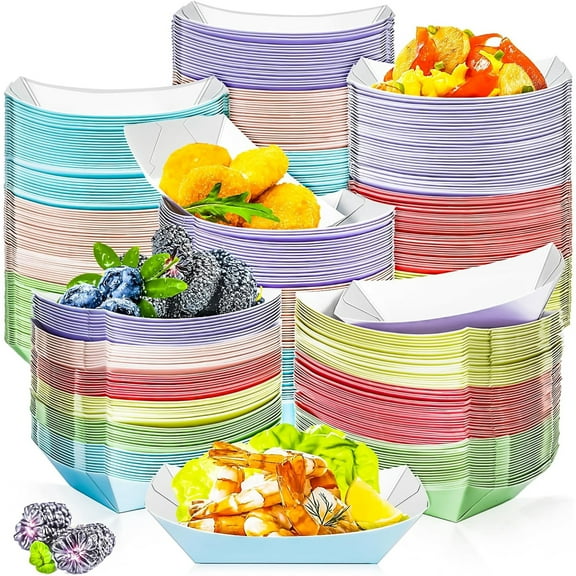 200 Pack Colorful 1/4Lb Paper Food Boat Trays Disposable Small Paper Boats Plates Containers, 0.25Lb Mini Kraft Food Serving Boat Tray Bowl for Snack Fries Dessert Popcorn Sauce BBQ Taco Nacho