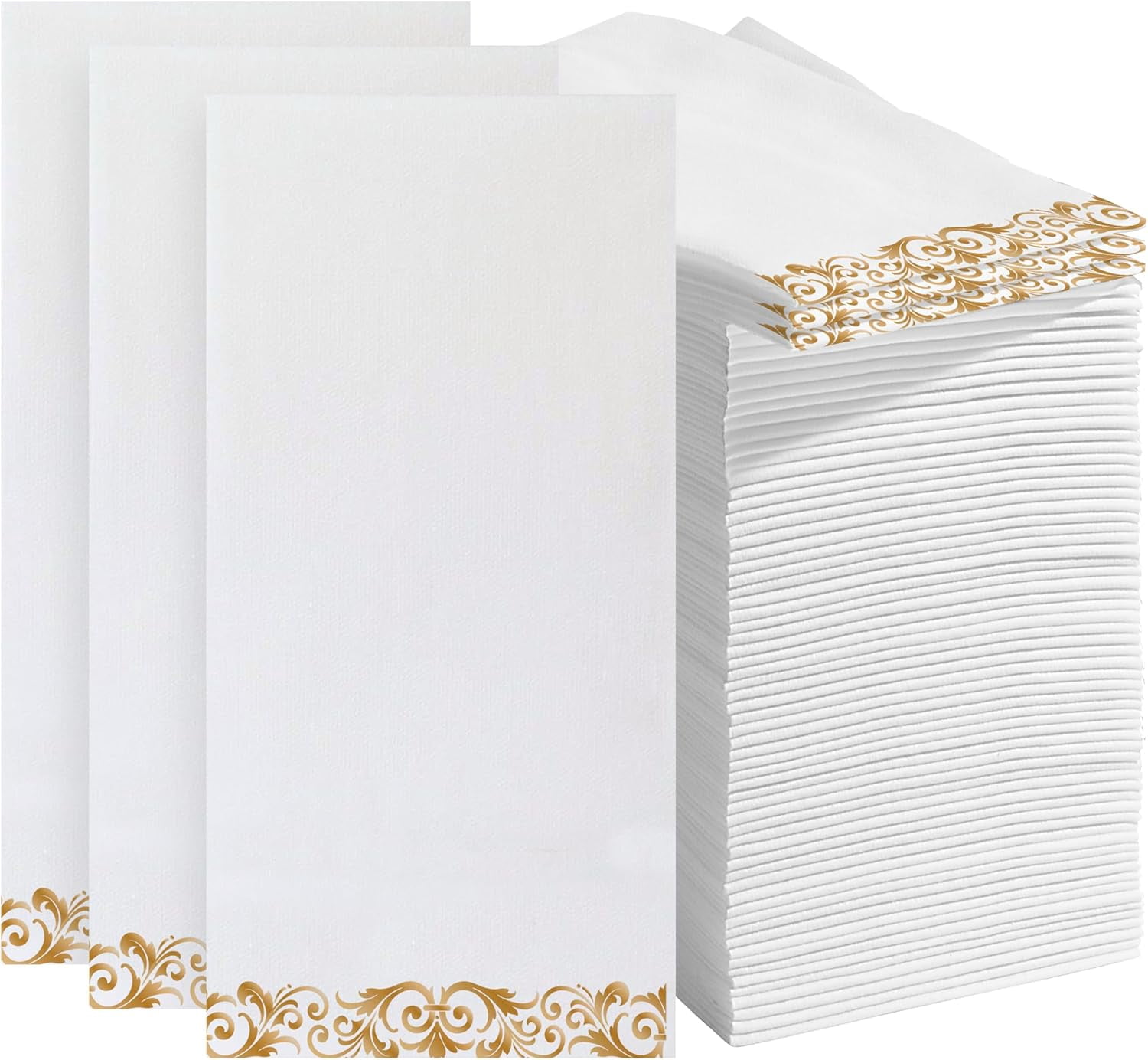 200 Pack Disposable Paper Guest Towels for Bathroom, 2-Ply - Elegant Linen Feel Paper Napkins - Absorbent Decorative Guest Towels for Bathroom, Wedding, and Party Use - (White and Gold)​