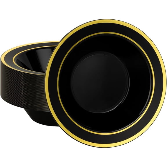 200 Pack Disposable Soup Bowls with Gold Rim, 12oz Premium Heavy Duty Plastic Dinner Bowls for Party, Wedding and Holiday