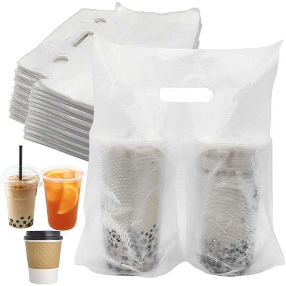 200 Pack Drinking Bags, 2 Cups Drink Carriers for Delivery, 12" L x 11" H Disposable Clear Plastic Packaging Poly Cup Bags with Handle for Delivery Take Out Beverage Coffee Juice Stores