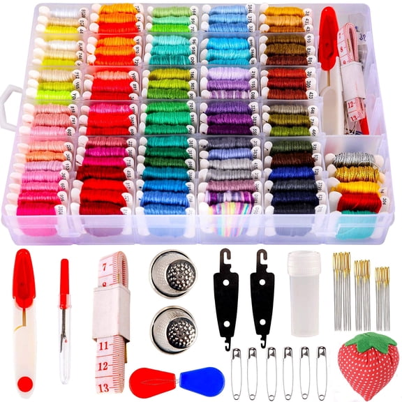 200pcs+ Embroidery Floss Thread Kit Including Colors Cross Stitch Sewing Thread with Embroidery Accessories and Transparent Embroidery Thread Storage Organizer Box