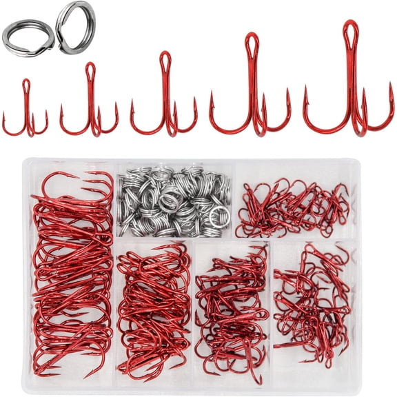 200 Pack Fishing Treble Hooks Kit High Carbon Steel Hooks Strong Sharp Round Bend with Split Rings for Lures Baits Saltwater Freshwater Fishing Size 2# 4# 6# 8# 10#