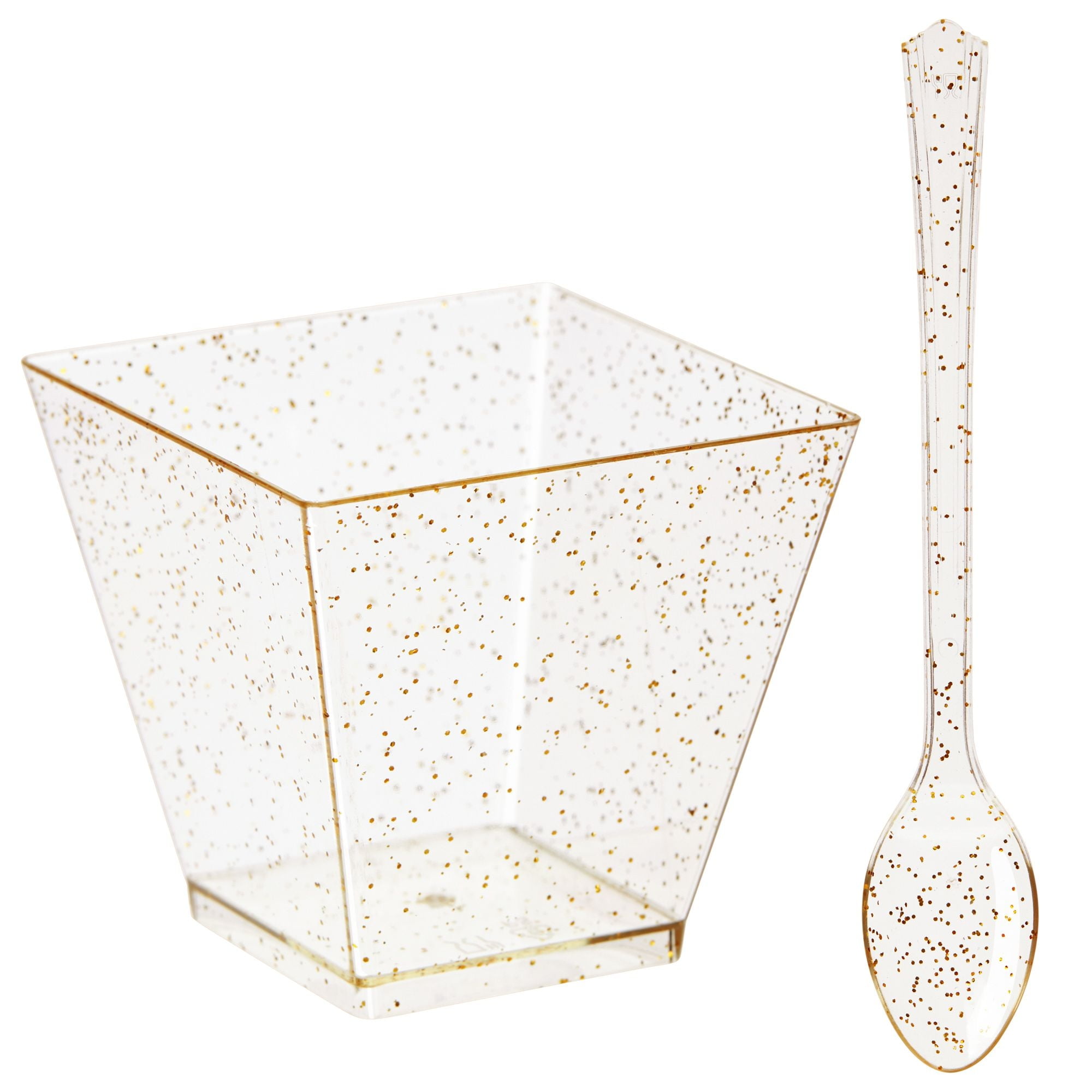 200Pack Gold Glitter Square Dessert Cups with Spoons, 100 Disposable