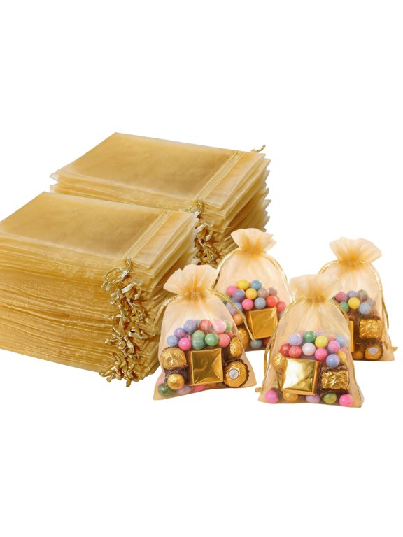 200 Pack Gold Organza Favor Bags, Small Drawstring Gift Pouches for Jewelry (4x4.72 in)